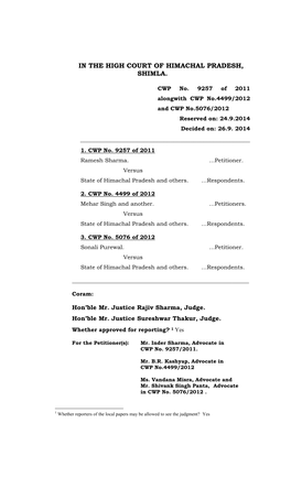 In the High Court of Himachal Pradesh, Shimla