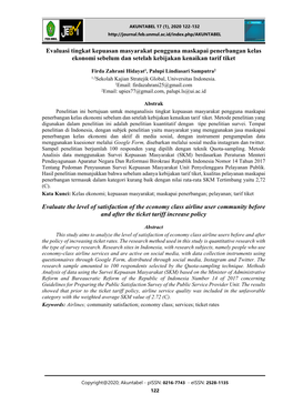 Evaluasi Tingkat Kepuasan Masyarakat Pengguna Maskapai Penerbangan Kelas Ekonomi Sebelum Dan Setelah Kebijakan Kenaikan Tarif Tiket
