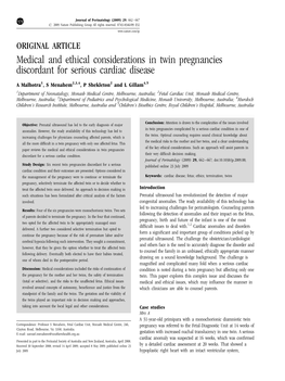 Medical and Ethical Considerations in Twin Pregnancies Discordant for Serious Cardiac Disease