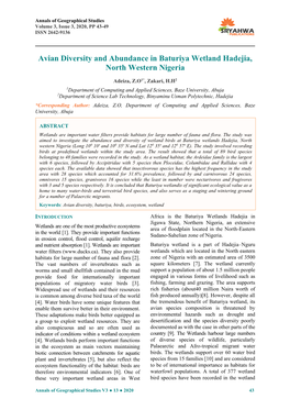 Avian Diversity and Abundance in Baturiya Wetland Hadejia, North Western Nigeria