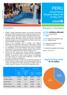 Humanitarian Situation Report #9 23 May 2017 Highlights Situation In