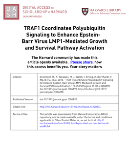 TRAF1 Coordinates Polyubiquitin Signaling to Enhance Epstein- Barr Virus LMP1-Mediated Growth and Survival Pathway Activation