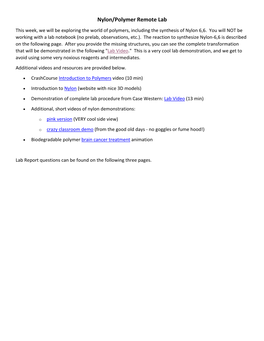 Nylon/Polymer Remote Lab This Week, We Will Be Exploring the World of Polymers, Including the Synthesis of Nylon 6,6