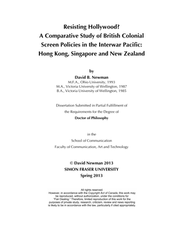 Resisting Hollywood? a Comparative Study of British Colonial Screen Policies in the Interwar Pacific: Hong Kong, Singapore and New Zealand