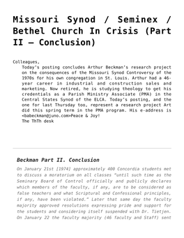 Missouri Synod / Seminex / Bethel Church in Crisis (Part II – Conclusion)