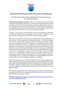 Anitta Sobe Ao Palco Mundo Do Rock in Rio Lisboa No Dia 28 De Junho A