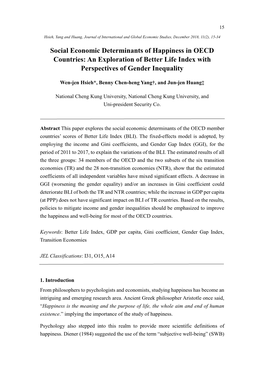 Social Economic Determinants of Happiness in OECD Countries: an Exploration of Better Life Index with Perspectives of Gender Inequality