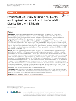 Ethnobotanical Study of Medicinal Plants Used Against Human Ailments in Gubalafto District, Northern Ethiopia Getnet Chekole