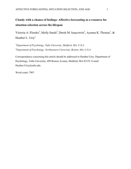 Cloudy with a Chance of Feelings: Affective Forecasting As a Resource for Situation Selection Across the Lifespan