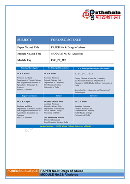 Alkaloids SUBJECT FORENSIC SCIENCE