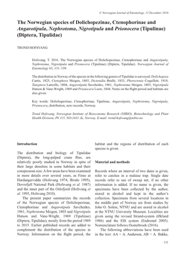 The Norwegian Species of Dolichopezinae, Ctenophorinae and Angarotipula, Nephrotoma, Nigrotipula and Prionocera (Tipulinae) (Diptera, Tipulidae)