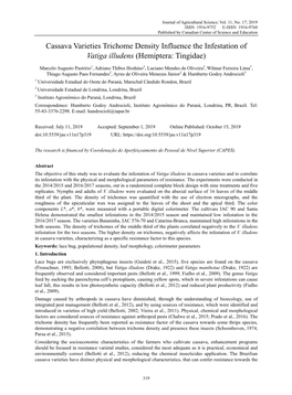 Cassava Varieties Trichome Density Influence the Infestation of Vatiga Illudens (Hemiptera: Tingidae)