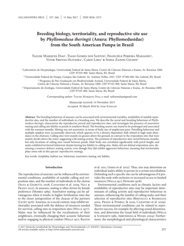 Breeding Biology, Territoriality, and Reproductive Site Use by Phyllomedusa Iheringii (Anura: Phyllomedusidae) from the South American Pampa in Brazil