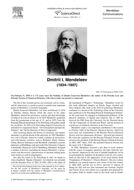 Dmitriy Mendeleev (1834- 1907), Father of the Periodic Table, the Great Scientist, Thinker and Patriot