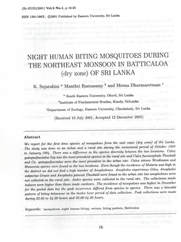 NIGHT HUMAN BITING MOSQUITOES DURING the NORTHEAST MONSOON in BATTICALOA (Dry Zone) of SRI LANKA