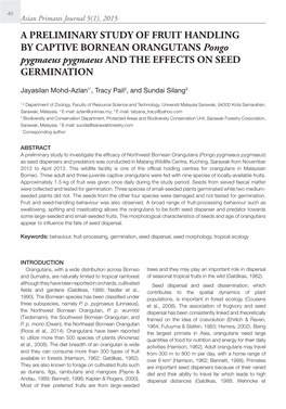 A PRELIMINARY STUDY of FRUIT HANDLING by CAPTIVE BORNEAN ORANGUTANS Pongo Pygmaeus Pygmaeus and the EFFECTS on SEED GERMINATION