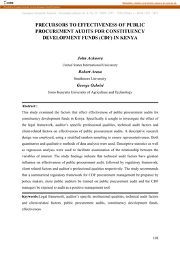 Precursors to Effectiveness of Public Procurement Audits for Constituency Development Funds (Cdf) in Kenya
