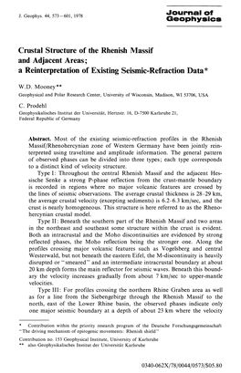 Crustal Structure of the Rhenish Massif and Adjacent Areas; a Reinterpretation of Existing Seismic-Refraction Data*