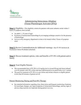 Administering Intravenous Alteplase (Tissue Plasminogen Activator [Tpa])