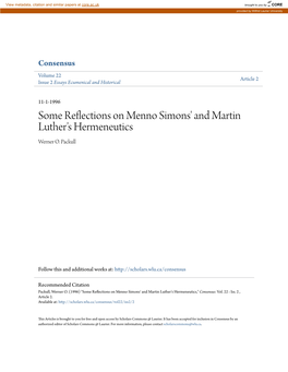 Some Reflections on Menno Simons' and Martin Luther's Hermeneutics Werner O