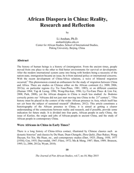 African Diaspora in China: Reality, Research and Reflection