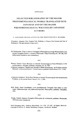 Selected Bibliography of the Major Phenomenological Works Translated Into Japanese and of the Major Phenomenological Writings by Japanese Authors