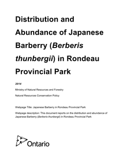 Distribution and Abundance of Japanese Barberry (Berberis Thunbergii) in Rondeau Provincial Park