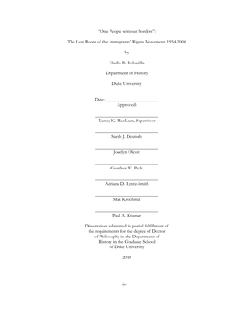 Iv “One People Without Borders”: the Lost Roots of the Immigrants' Rights Movement, 1954-2006 by Eladio B. Bobadilla Depa