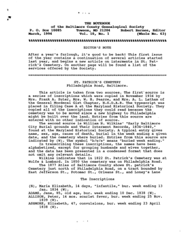 THE NOTEBOOK of the Baltimore County Genealogical Society P. O. Box 10085 Towson, MD 21204 Robert Barnes, Editor March, 1994 Vol