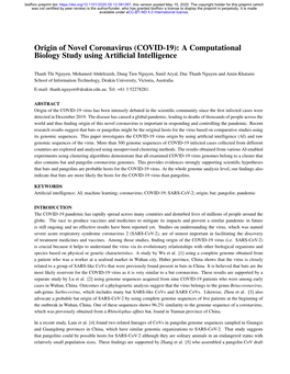 Origin of Novel Coronavirus (COVID-19): a Computational Biology Study Using Artiﬁcial Intelligence