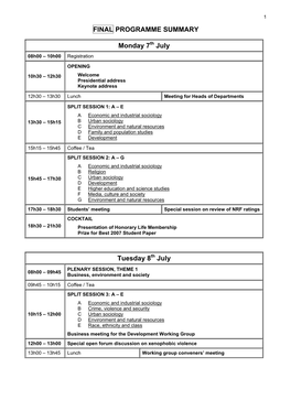 FINAL PROGRAMME SUMMARY Monday 7 July Tuesday 8 July