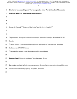 Dive Performance and Aquatic Thermoregulation of the World’S Smallest Mammalian