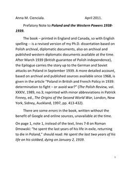 Anna M. Cienciala. April 2011. Prefatory Note to Poland and the Western Powers 1938- 1939. the Book – Printed in England