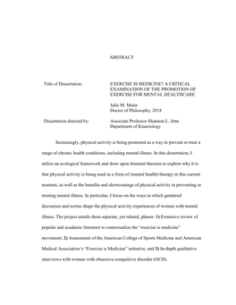 Exercise Is Medicine? a Critical Examination of the Promotion of Exercise for Mental Healthcare