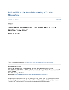 Timothy Pawl, in DEFENSE of CONCILIAR CHRISTOLOGY: a PHILOSOPHICAL ESSAY