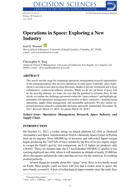 Operations in Space: Exploring a New Industry