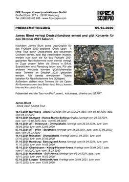 PRESSEMITTEILUNG 09.12.2020 James Blunt Verlegt