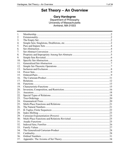 Set Theory – an Overview 1 of 34 Set Theory – an Overview Gary Hardegree Department of Philosophy University of Massachusetts Amherst, MA 01003