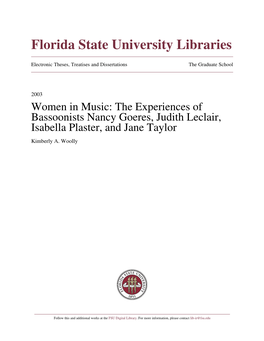 Women in Music: the Experiences of Bassoonists Nancy Goeres, Judith Leclair, Isabella Plaster, and Jane Taylor Kimberly A