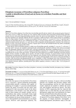 Polyphasic Taxonomy of Penicillium Subgenus Penicillium a Guide to Identification of Food and Air-Borne Terverticillate Penicillia and Their Mycotoxins