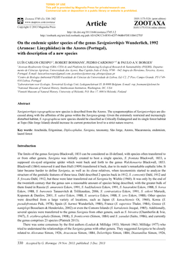 On the Endemic Spider Species of the Genus Savigniorrhipis Wunderlich, 1992 (Araneae: Linyphiidae) in the Azores (Portugal), with Description of a New Species