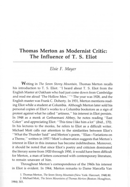 Thomas Merton As Modernist Critic: the Influence of T. S. Eliot