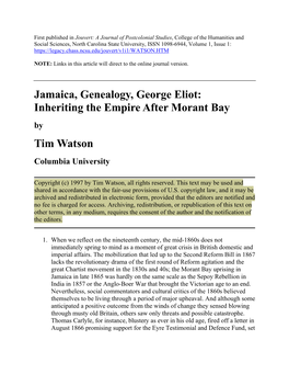 Jamaica, Genealogy, George Eliot: Inheriting the Empire After Morant Bay by Tim Watson Columbia University