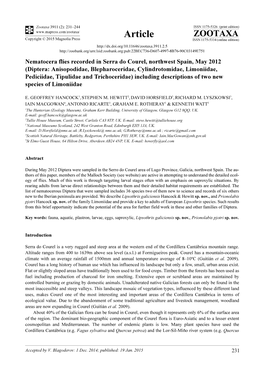 Diptera: Anisopodidae, Blepharoceridae, Cylindrotomidae, Limoniidae, Pediciidae, Tipulidae and Trichoceridae) Including Descriptions of Two New Species of Limoniidae