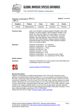 FULL ACCOUNT FOR: Paspalum Scrobiculatum Global Invasive Species Database (GISD) 2021. Species Profile Paspalum Scrobiculatum. A