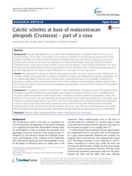 Calcitic Sclerites at Base of Malacostracan Pleopods (Crustacea) – Part of a Coxa Verena Kutschera*, Andreas Maas†, Gerd Mayer† and Dieter Waloszek†