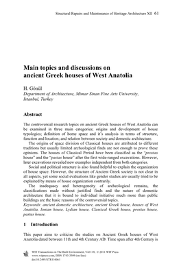 Topics and Discussions on Ancient Greek Houses of West Anatolia