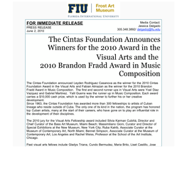 FW the Cintas Foundation Announces Winners for the 2010 Award in Visual Arts & Music