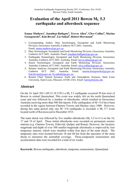 Evaluation of the April 2011 Bowen ML 5.3 Earthquake and Aftershock Sequence