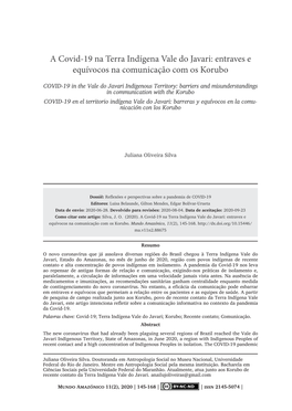 A Covid-19 Na Terra Indígena Vale Do Javari: Entraves E Equívocos Na Comunicação Com Os Korubo